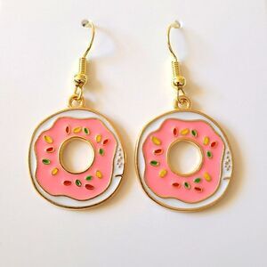 New Hand Crafted Pink Sprinkle Donut Cute Dangle Earrings 14K Gold Plated